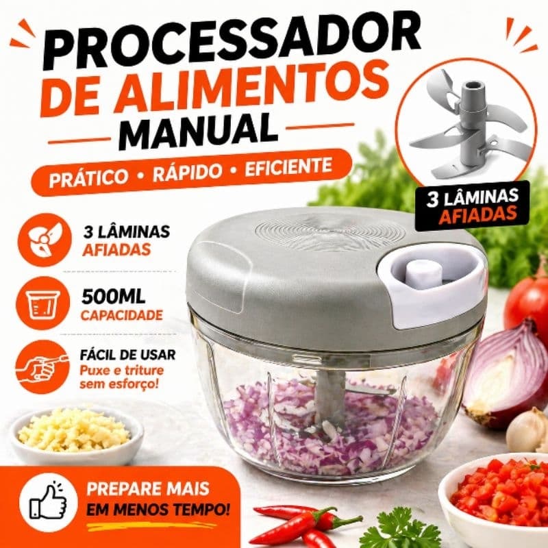 Processador de Alimentos Manual 500ml 3 Lâminas Triturador de Alho Legumes Portátil Cozinha Prático