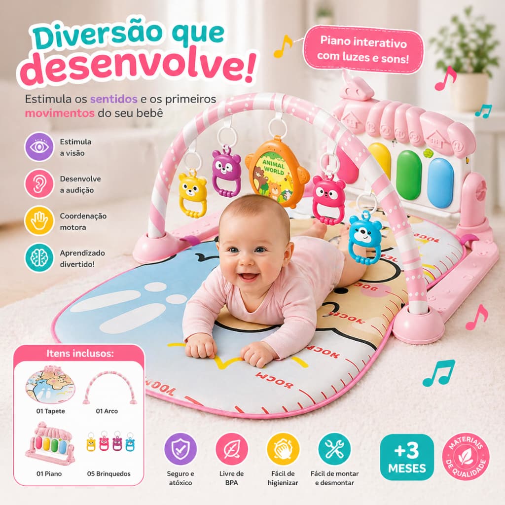Tapete Bebê de Atividades Musical com Piano Interativo - Rosa Infantil Cercadinho