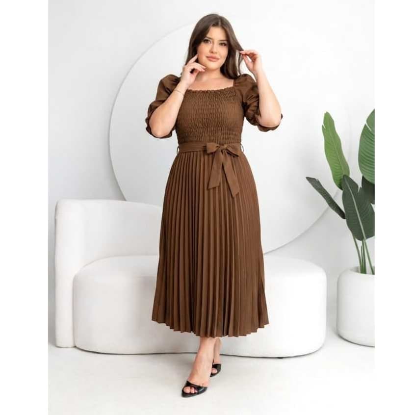 Vestido Mídi Plissado Liso Com Cinto y Manga Princesa