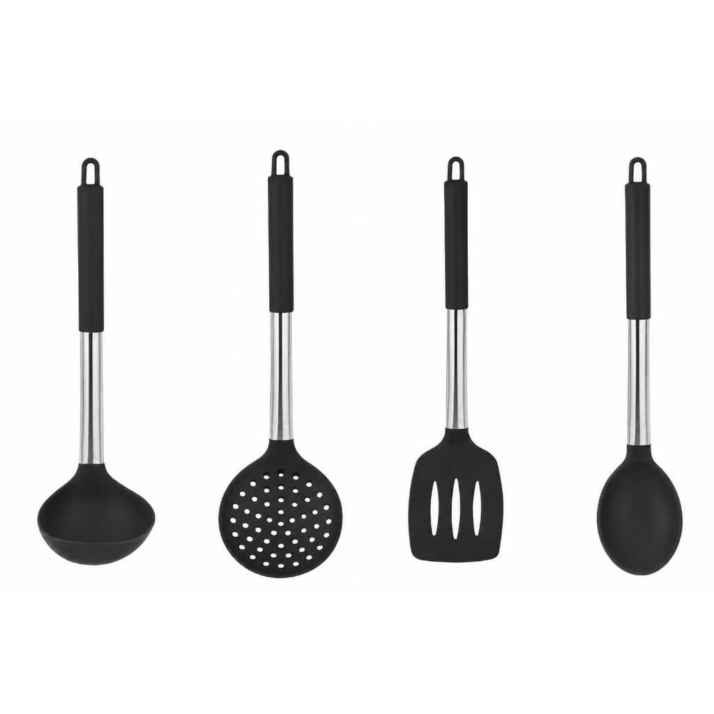 Kit 4 Utensílios Silicone Preto Cabo Inox Revestido Colher Concha Espátula Escumadeira Antiaderente