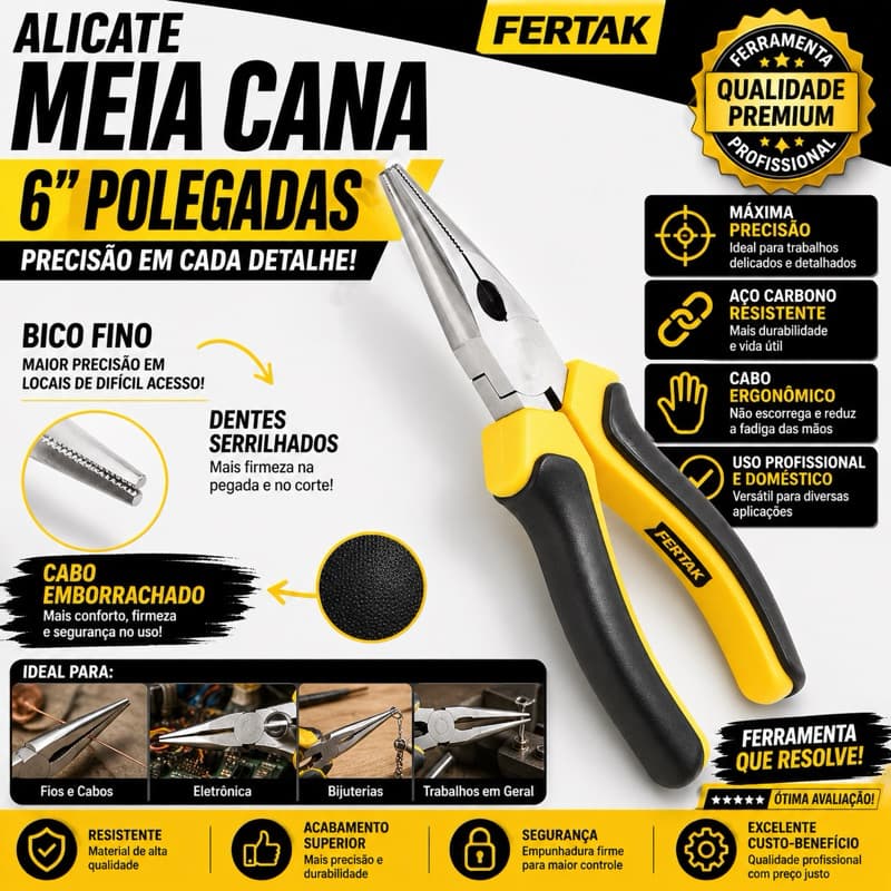 Alicate Meia Cana 6" Fertak Bico Fino Cabo Emborrachado Ferramenta Precisão Profissional