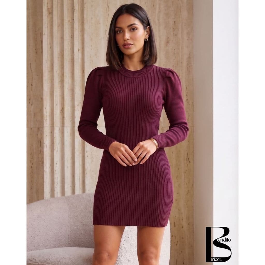 Vestido Feminino Tricot Manga Longa Elegante Curto Detalhe Franzido no Ombro tricô Moda Inverno