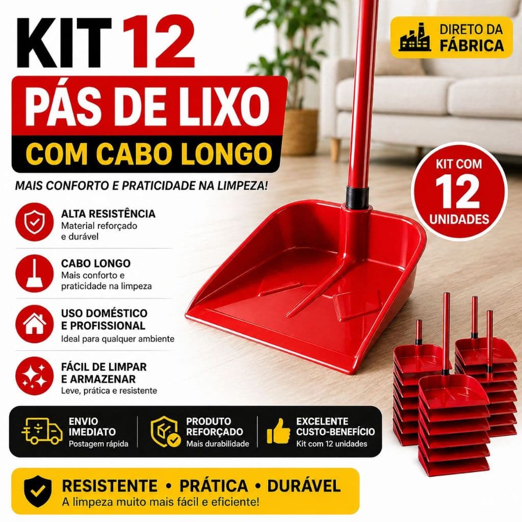 KIT 12 Pá de Lixo com Cabo Longo Reforçado | Alta Resistência | Uso Doméstico e Profissional