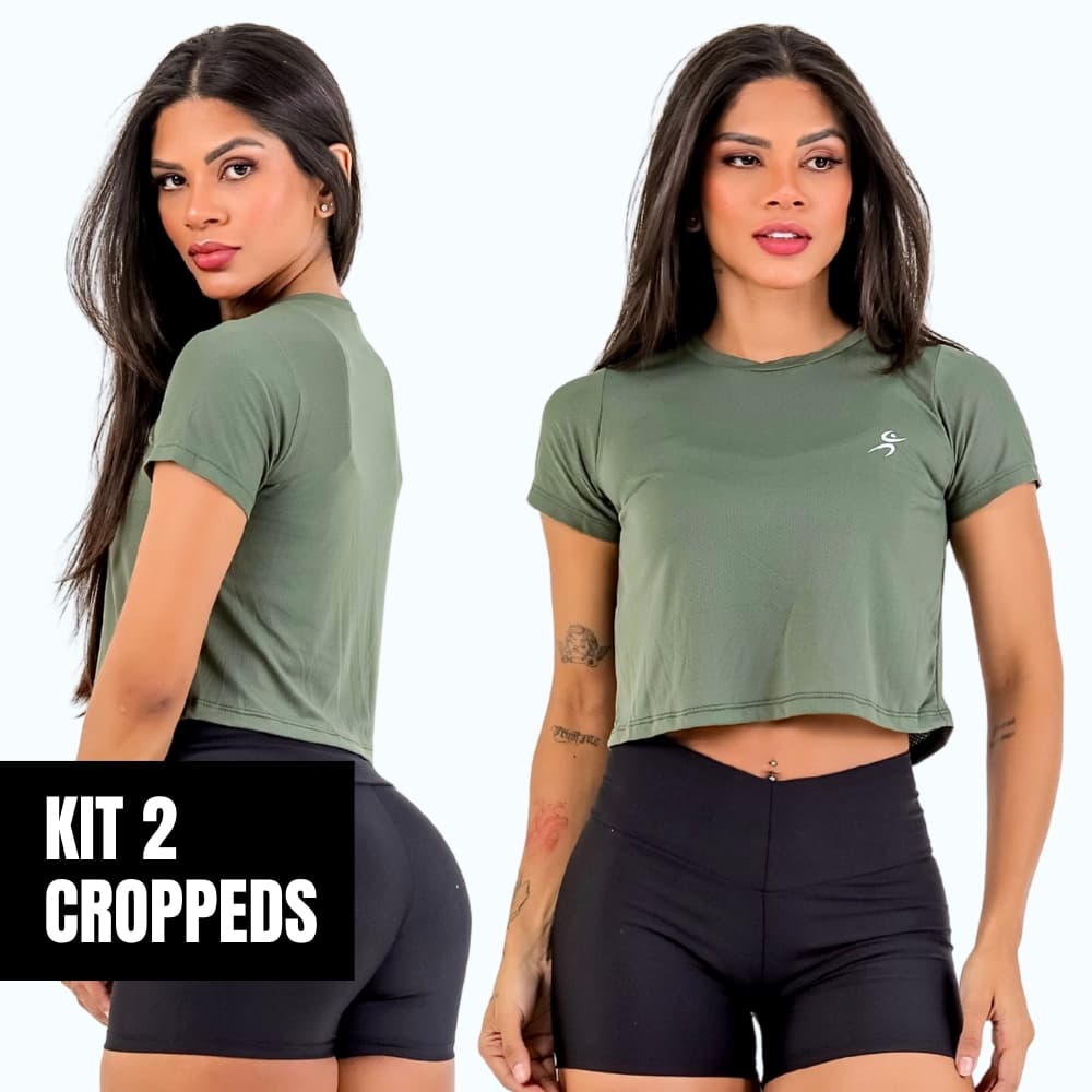 Kit 2 Cropped Manguinha Fitness Academia Corrida Dry Fit Com Proteção UV Respirável 100% Poliamida