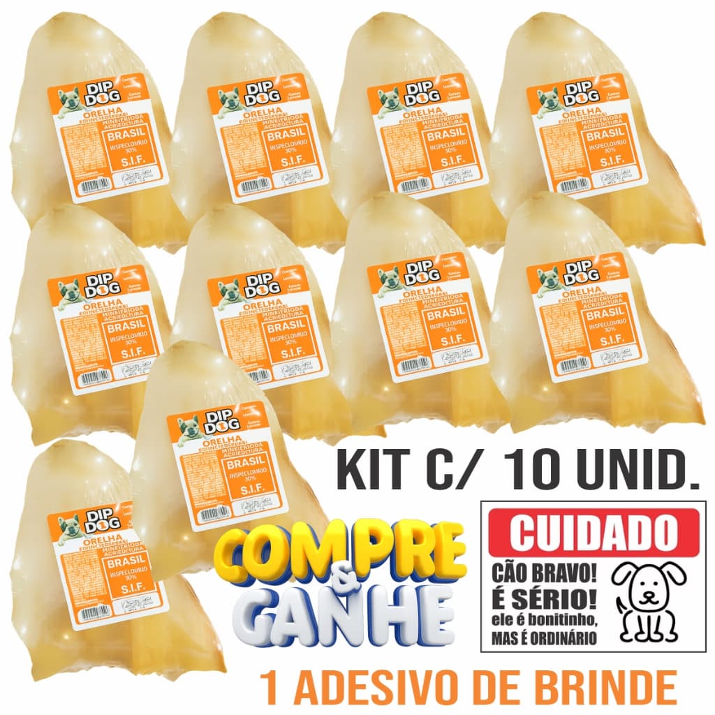 kit Orelhas Bovinas desidratadas Petisco Natural Para Cachorro Dip Dog Mordedor envio Imediato