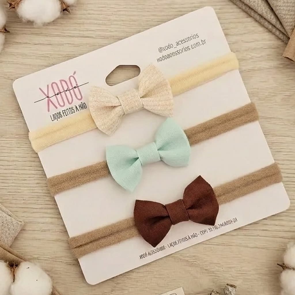Kit 3 Faixas de Bebê tiaras de meia de seda Amarelo Verde Marrom Macio Confortável Ajustável Infantil