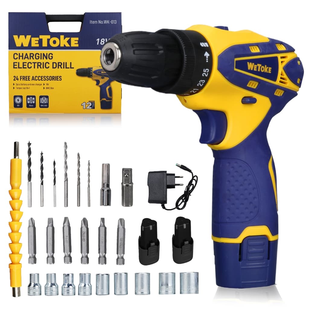 Furadeira Parafusadeira Profissional Sem Fio 2 Baterias 10mm 1400rpm Kit Com 24 Peças WK-013