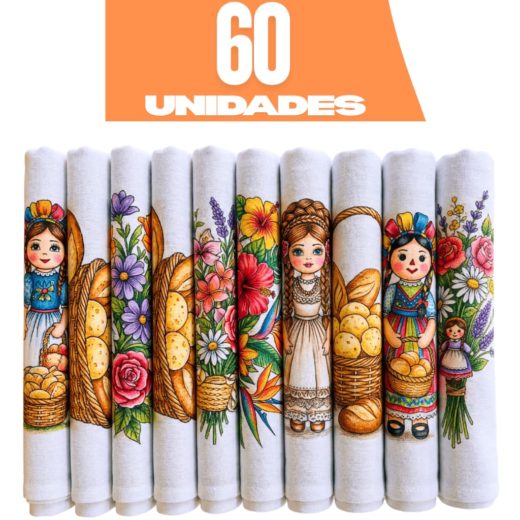 Kit 60 Panos de Prato Estampados 100% Algodão com Bainha Atacado Revenda 60x35cm