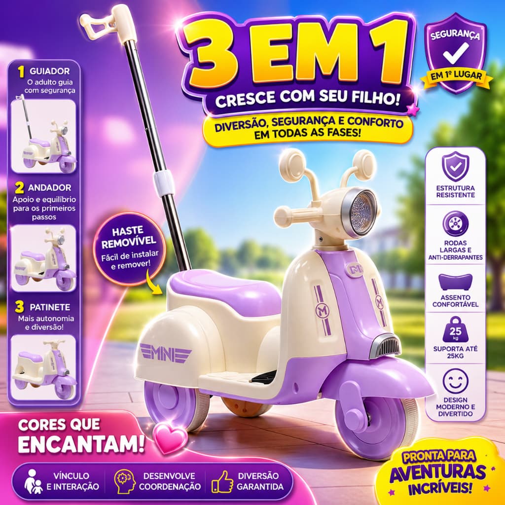 Moto Eletrica Infantil Com Empurrador Conforto Estabilidade Diversao Alta Qualidade - Lilás