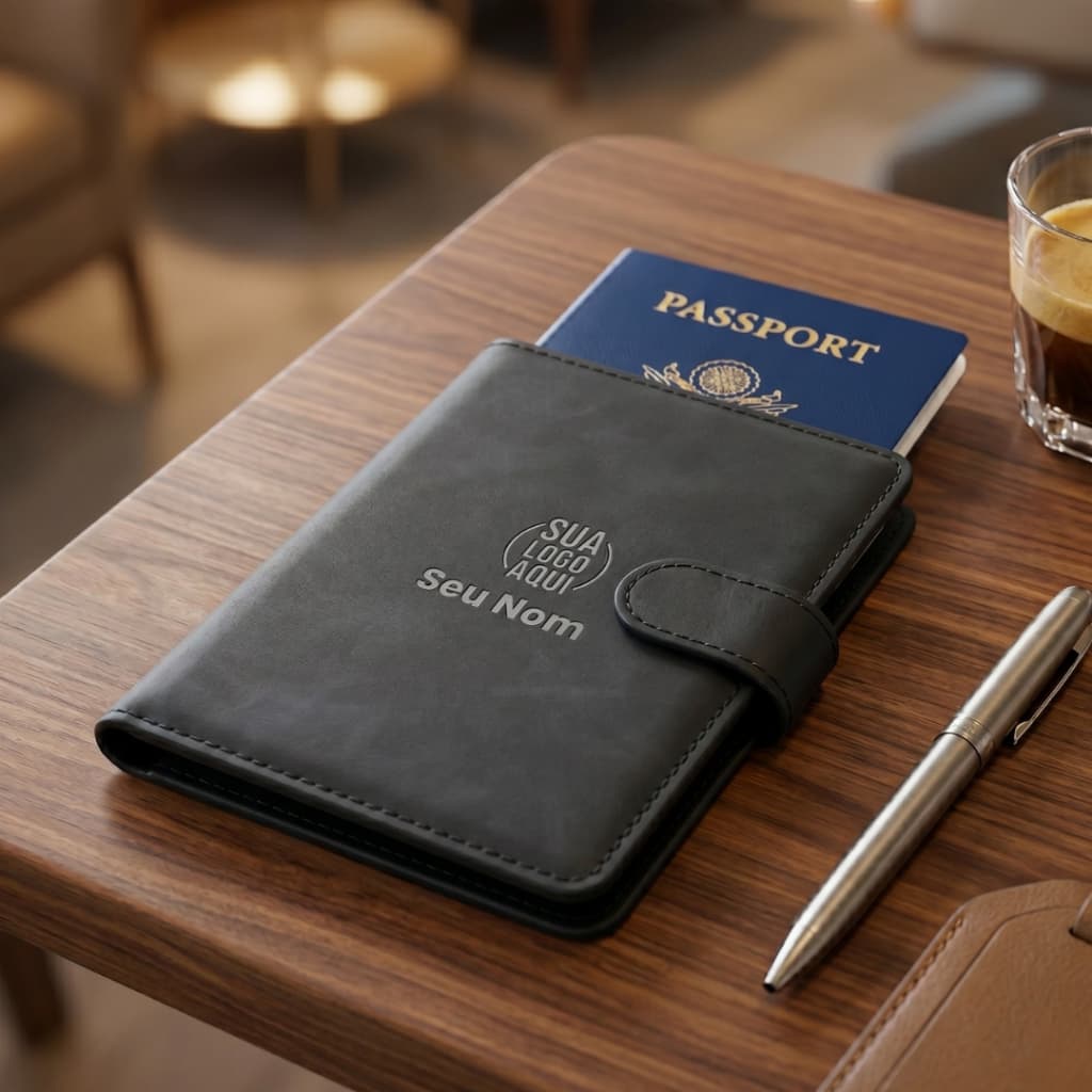 Porta Passaporte Personalizado Couro Nome Fecho Magnético ou Logo Proteção Anti Furto de Dados
