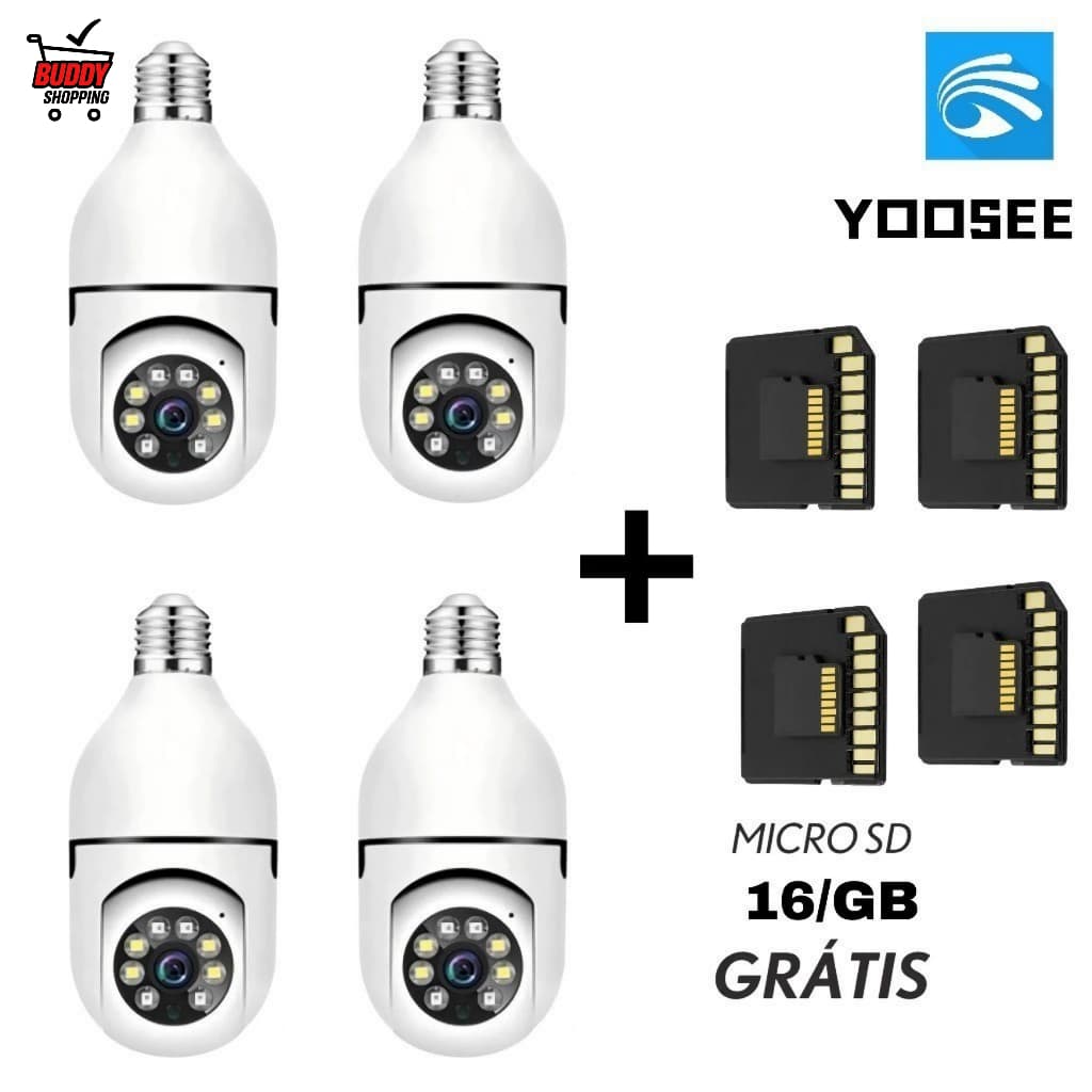 Kit 4 Câmeras Lâmpada Wifi 360 IP Segurança Full HD + 4 Cartões SD 16GB