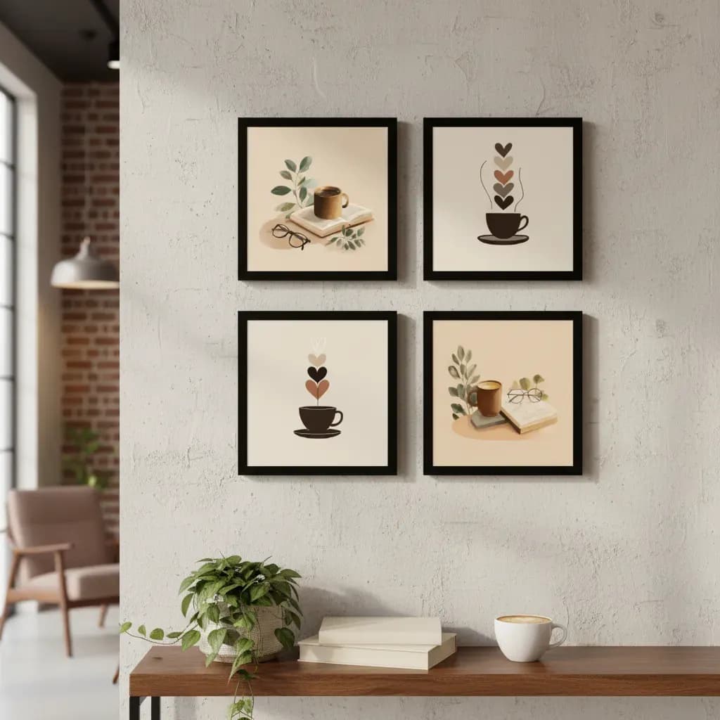 Quadros Decorativos Kit 4 Peças Café Cantina Livro Óculos Coração Sala Quarto Cozinha