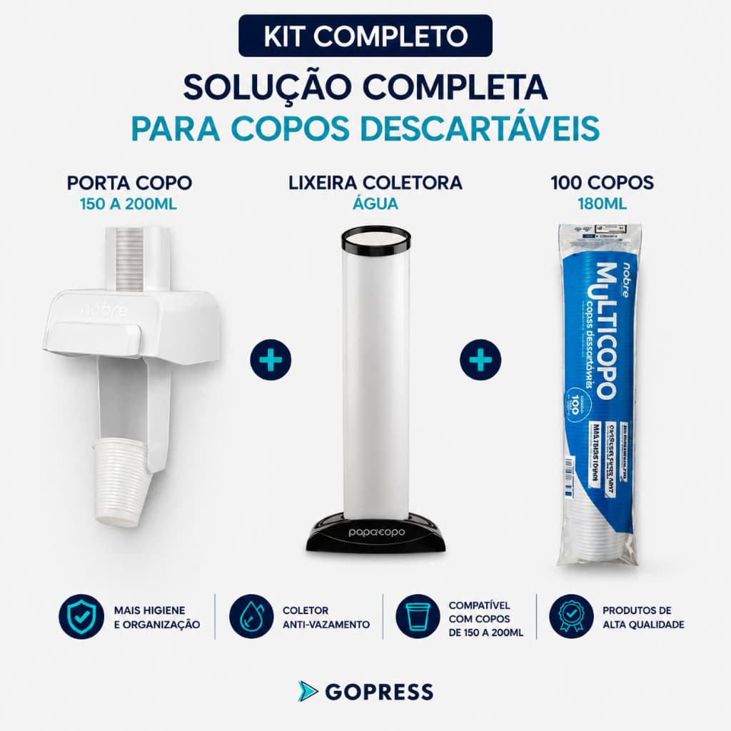 KIT DISPENSER SUPORTE DE COPO ÁGUA 150 A 200ML + 100 COPOS ALTA QUALIDADE + LIXEIRA PARA COPO ÁGUA