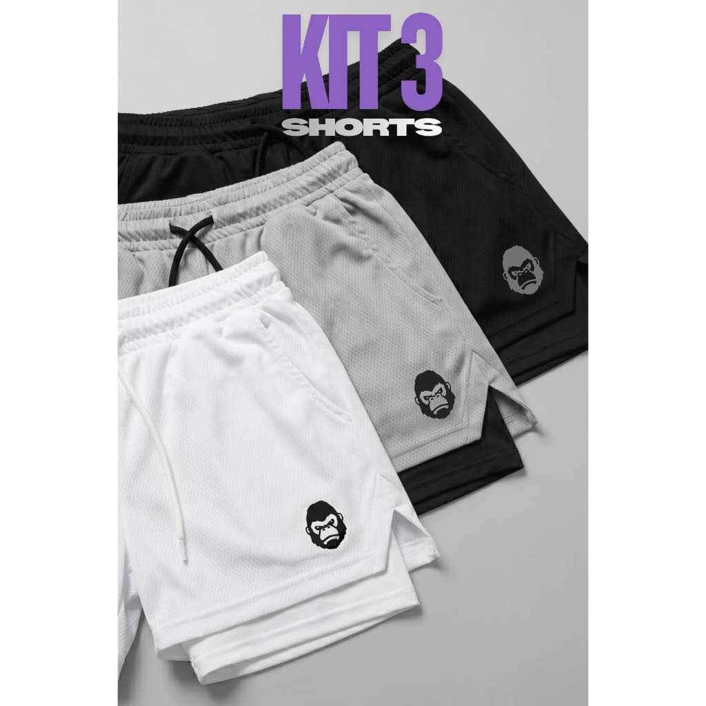 Kit 3 Shorts Masculinos Kong 2 em 1 de Alta Compressão