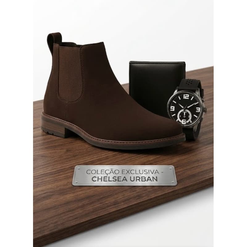 Botina Chelsea Bota Masculina Classica Couro Camurça Legitimo Agro Peão Conforto Kit Relógio Masculino- Oferta!!