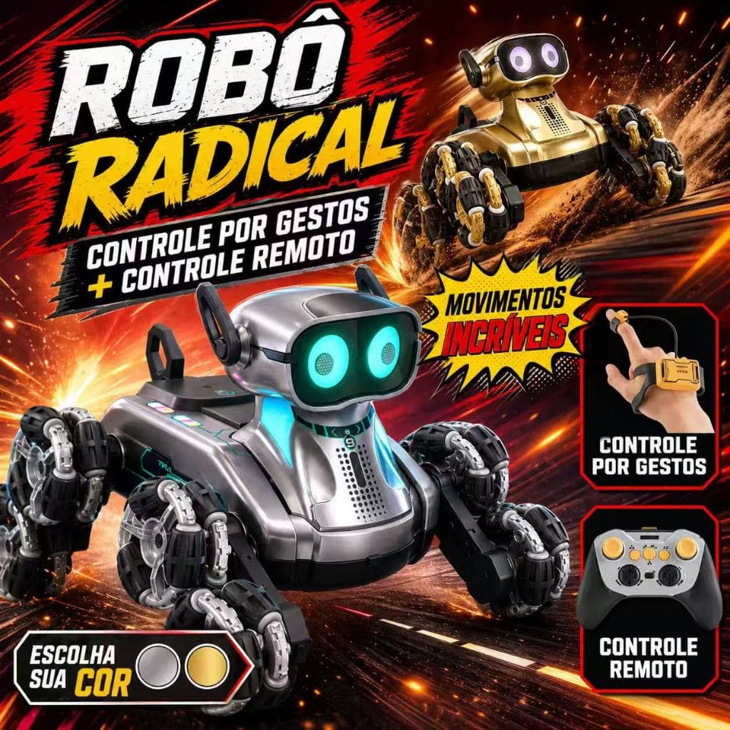 Cão Robô 8 Rodas Controle Gestual + Remoto, Luzes LED e Acrobacias Recarregável