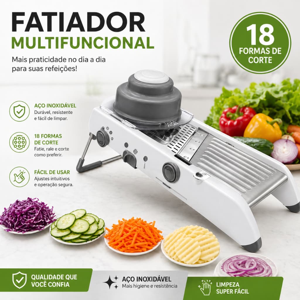 Cortador de Legumes Profissional em Aço Inox - Fatiador e Ralador Ajustável com 18 Tipos de Cortes