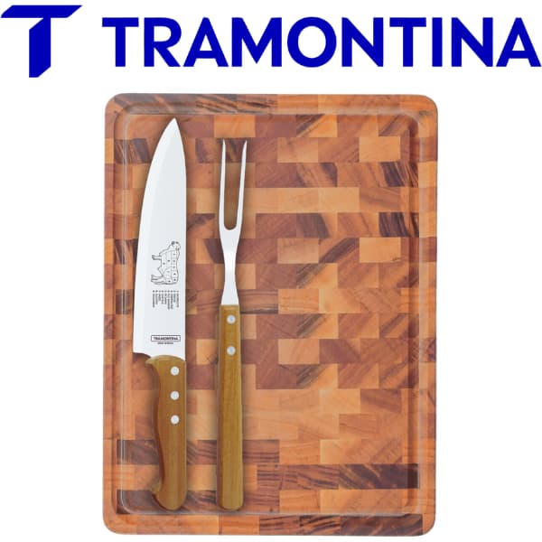 Kit Tábua Para Carne Com Faca e Garfo Churrasco 3 Peças