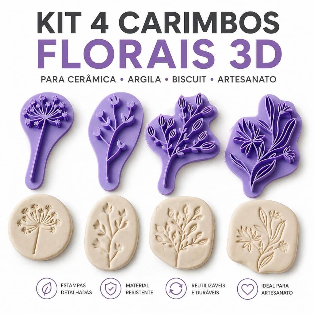 Kit 4 Carimbos Florais 3D para Argila e Biscuit | Textura Cerâmica Artesanato | Moldes Estampa Floral