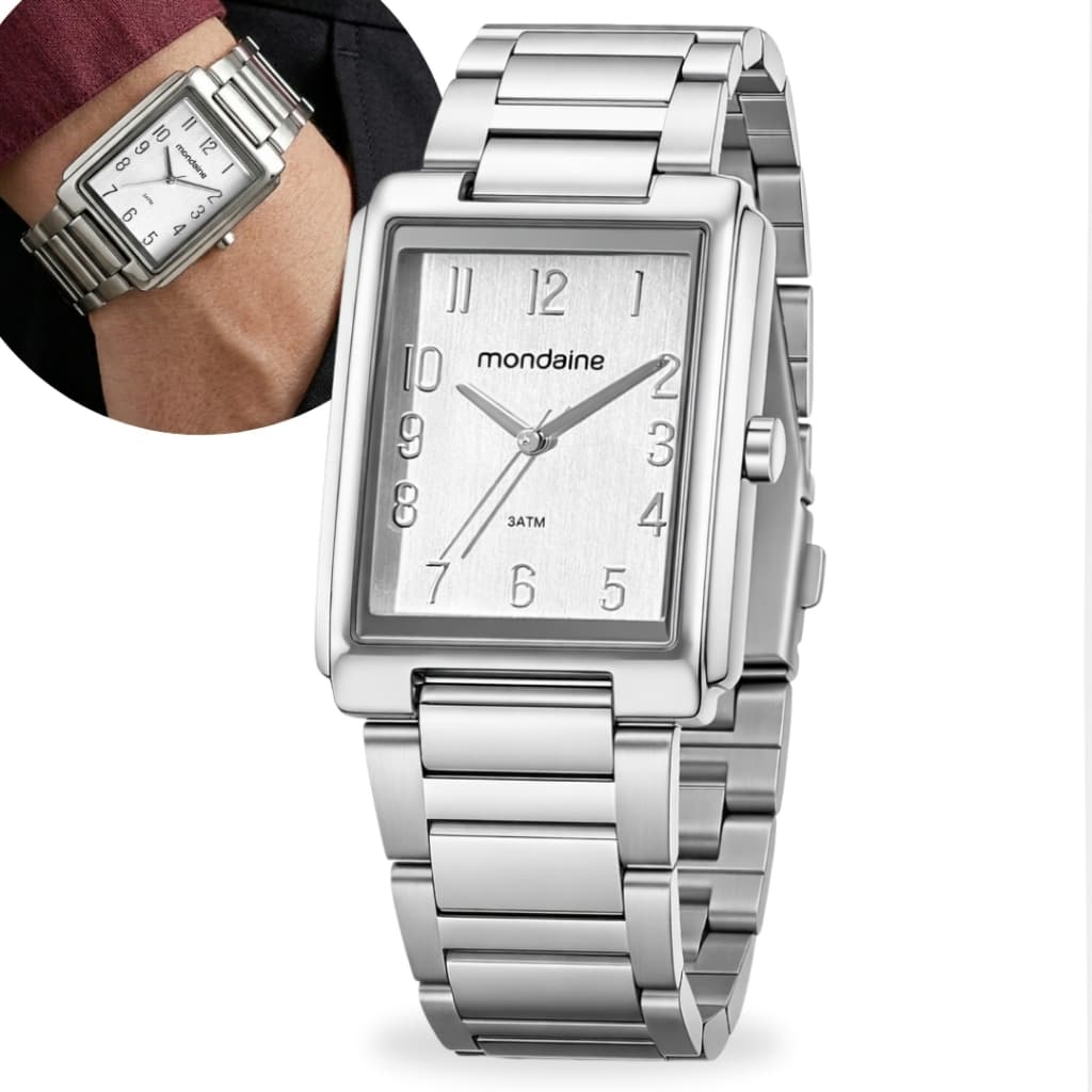 Relógio Mondaine Analógico Feminino De Pulso Vintage Quartz Quadrado Prateado Pulseira Em Aço Inoxidável Original