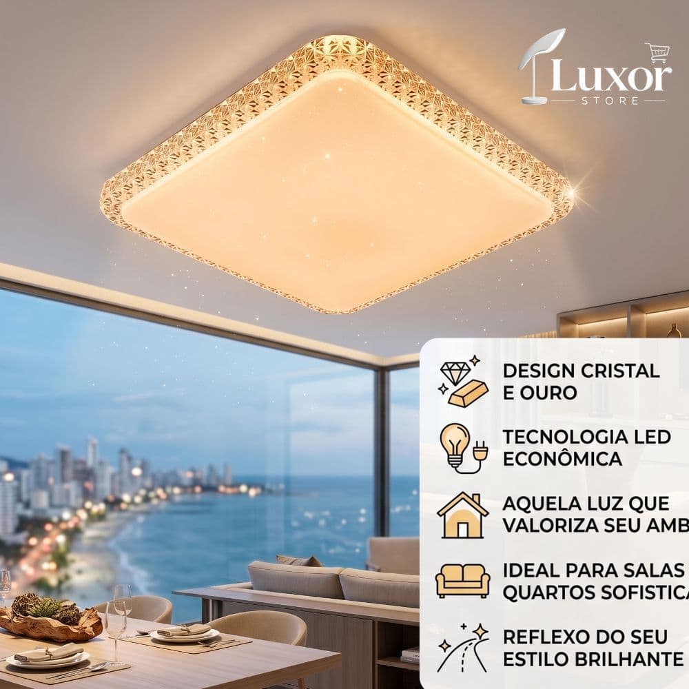 Plafon LED 40x40 3 Cores 40w Bivolt Design Luxo com Efeito Cristal