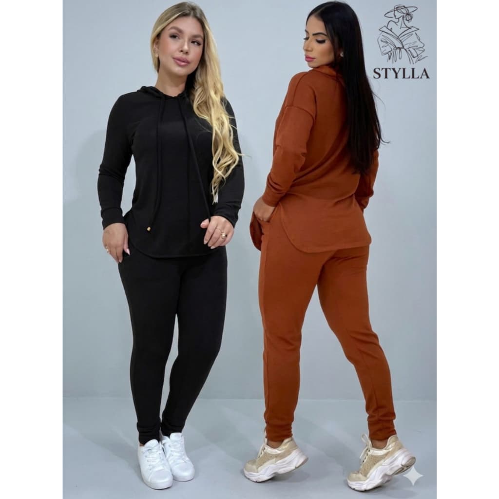 Conjunto Feminino Lanzinha Blusa E Calça Jogger Com Bolso Capuz De Frio Casual Moda Inverno