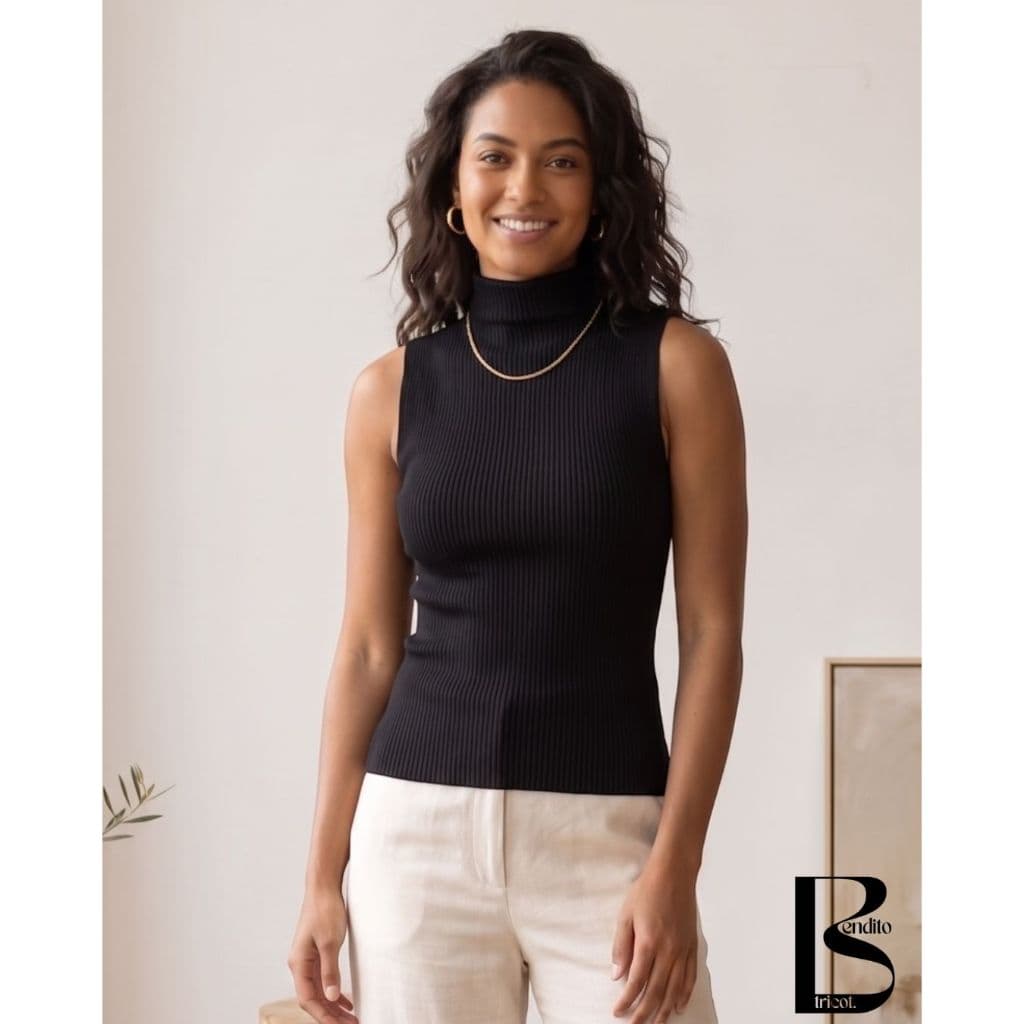 Blusa Regata Feminina Tricot Gola Alta Sem Manga Elegante Canelada Tricô Moda Verão
