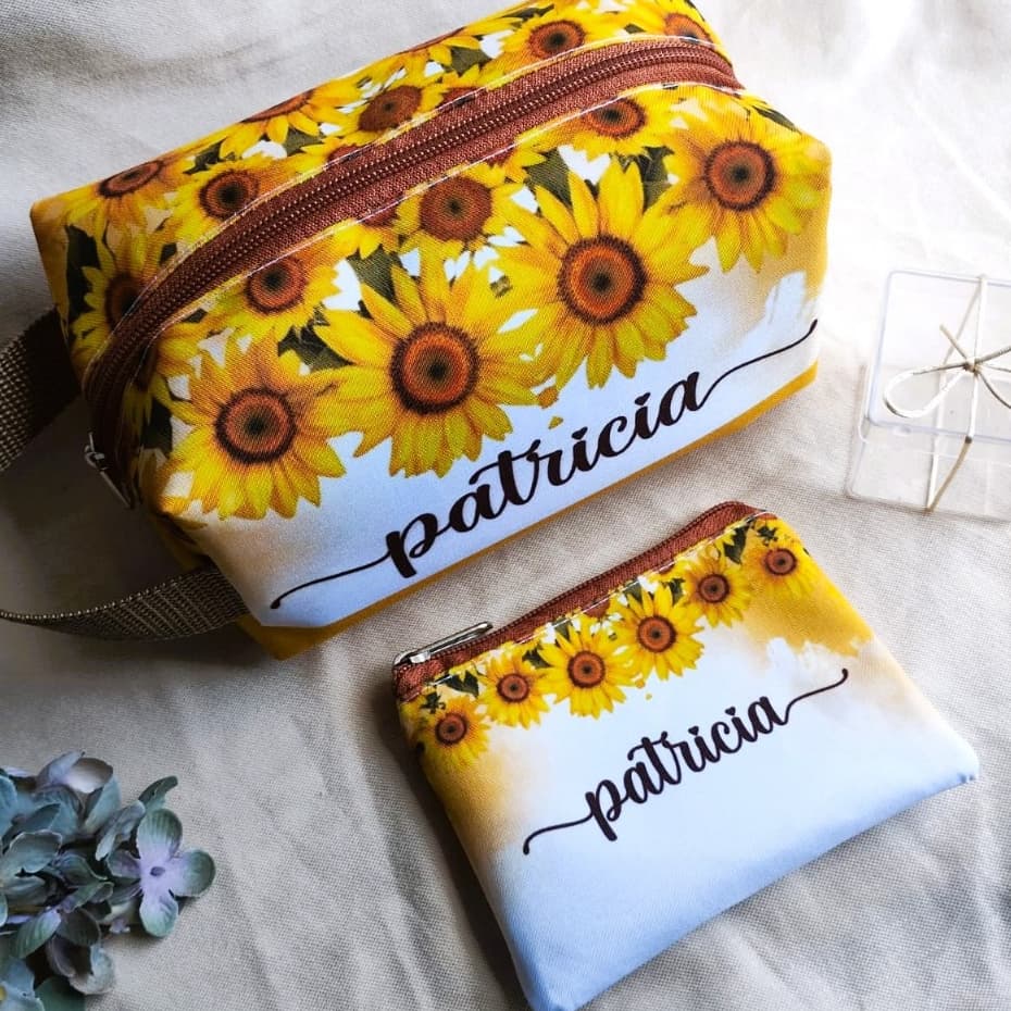 Kit Necessaire Personalizada Girassol com Nome | Porta Maquiagem + Porta Moedas Delicado Presente Criativo