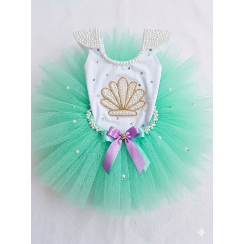 Fantasia Sereia Luxo Infantil - Body Concha Pérolas e Saia Tutu Verde Tiffany - Festa Fundo do Mar