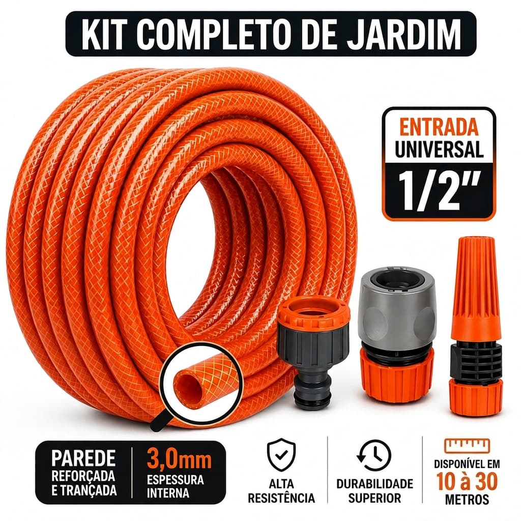 Kit Mangueira Premium Jardim 1/2" 20 Metros Reforçada 3,0mm PVC Flexível Apartamento Engate Esguicho