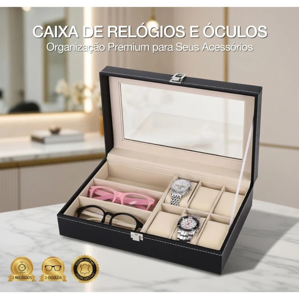 Caixa Expositora Relógios Jóias Display Case Organizador Suporte 6 Slots Design Elegante Funcional