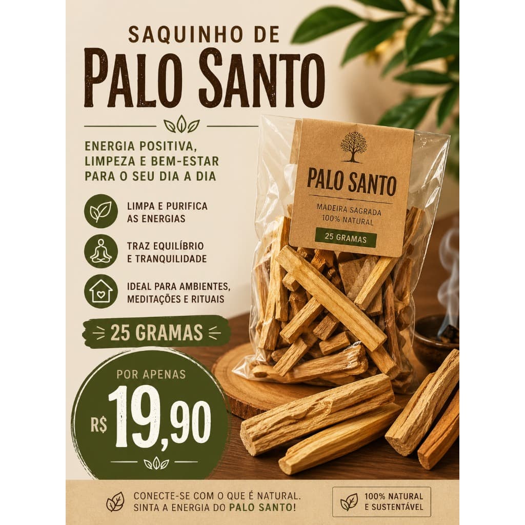PALO SANTO 25G ORIGINAL LIMPEZA ENERGÉTICA AROMA NATURAL MADEIRA SAGRADA PARA RITUAIS E MEDITAÇÃO