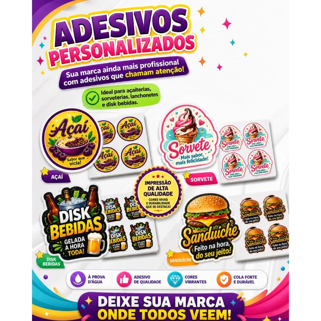100 Adesivos Personalizados 5x5cm Vinil à Prova d'Água Embalagens Profissional