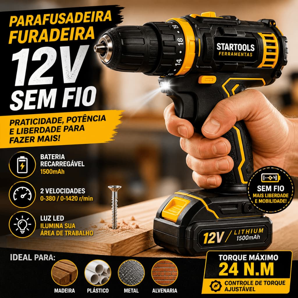 Parafusadeira Furadeira 12V Sem Fio Bateria Recarregável Mandril 3/8 LED Torque Ajustável