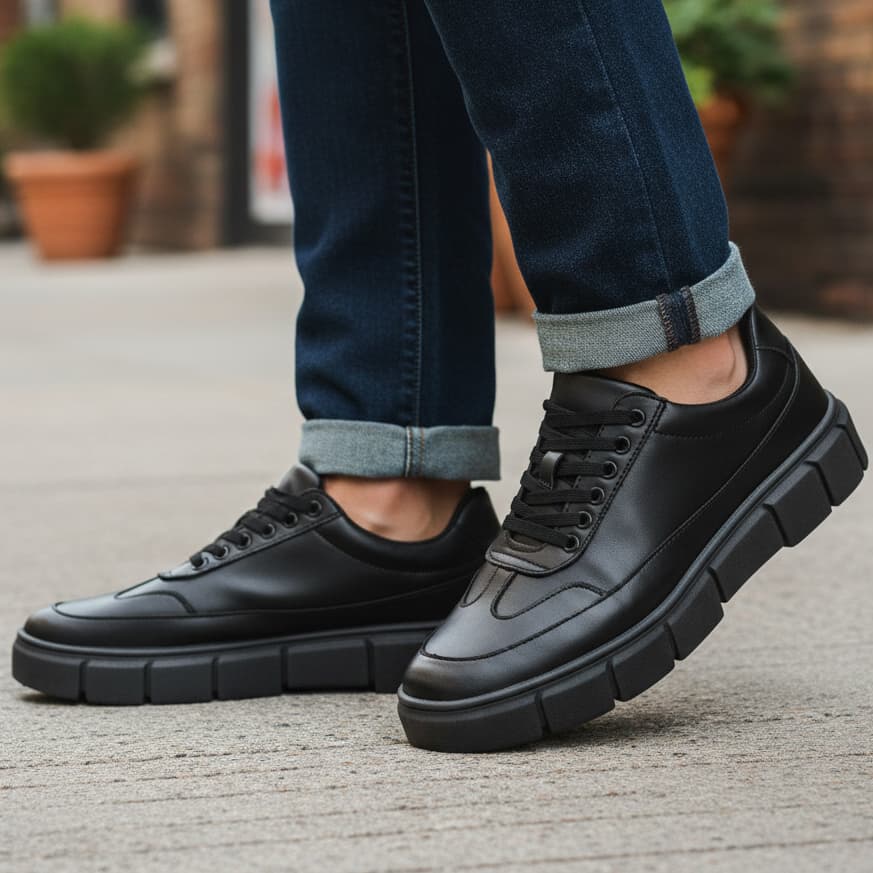 Tênis Masculino Preto Plataforma Tratorada Casual Confortável Visual Moderno Para Todas Ocasiões