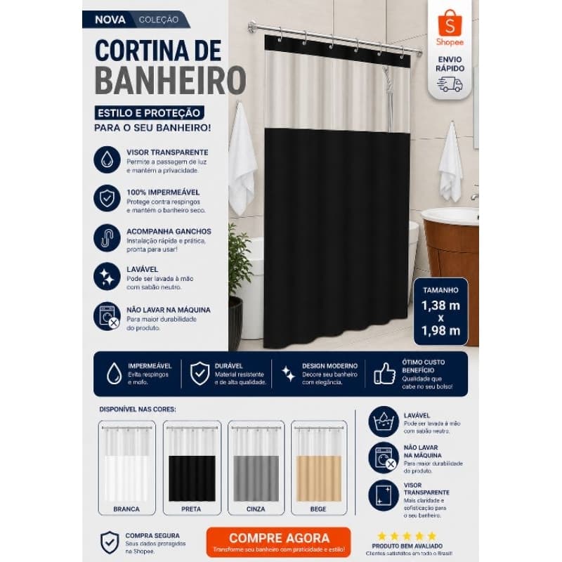 Cortina de Box com Visor Transparente + Ganchos –Praticidade e Elegância Para o seu Banheiro