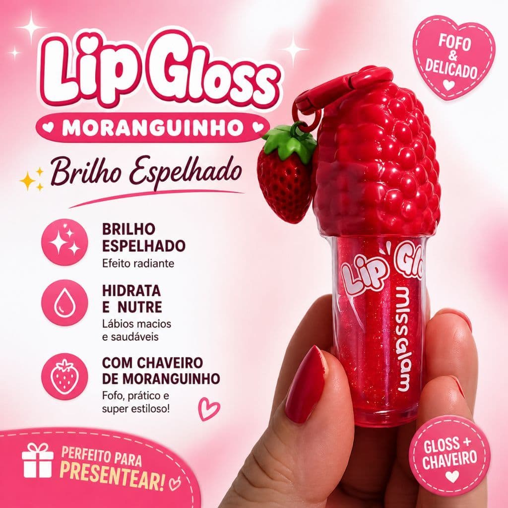 Lip Gloss Labial Hidratante com chaveiro de Moranguinho – Efeito Espelhado