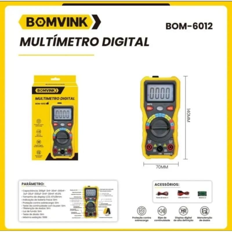 Multímetro Digital Bomvink BOM-6012 True RMS LCD Auto Range Capacímetro