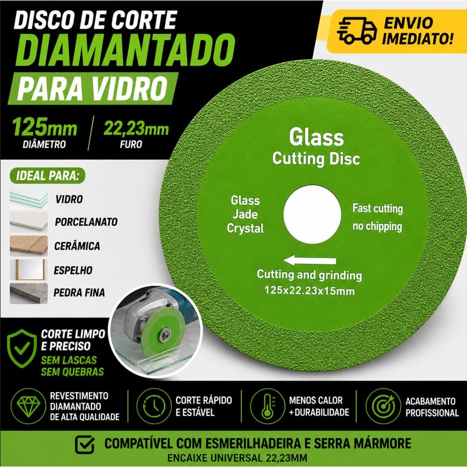 Disco de Corte Diamantado para Vidro Porcelana Piso Cerâmica Verde 100mm x 20mm