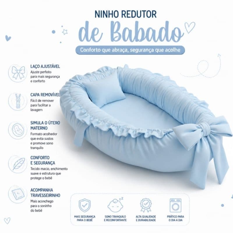 Ninho redutor de berço com babado liso | portátil, apoio anatômico | várias cores menino menina