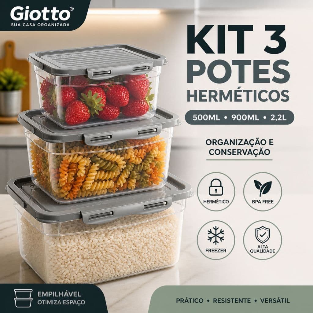 Kit 3 Potes Tampa e Trava Altos 500ML 900Ml e 2,2L Cinza armazenamento de alimentos cozinha Giotto