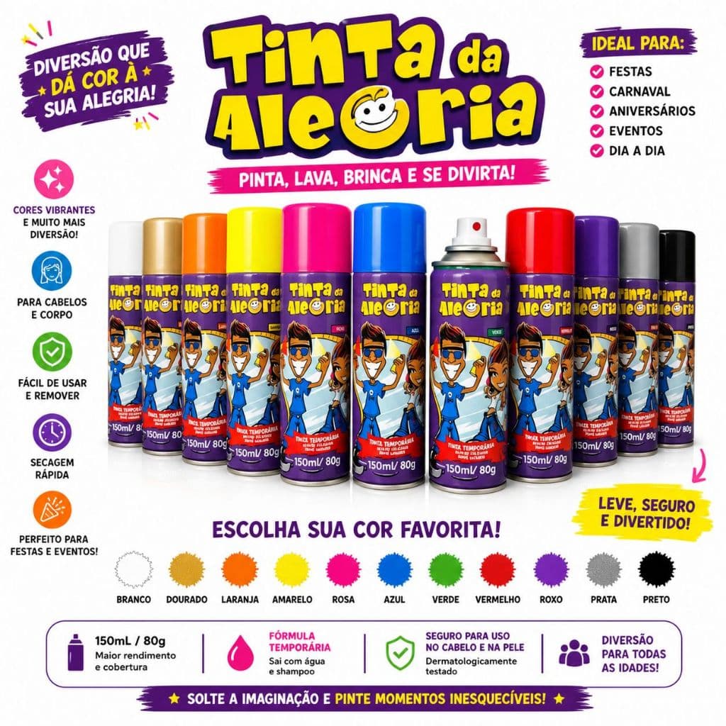 Tinta da Alegria Spray Temporária para Cabelo 150ml – Cores