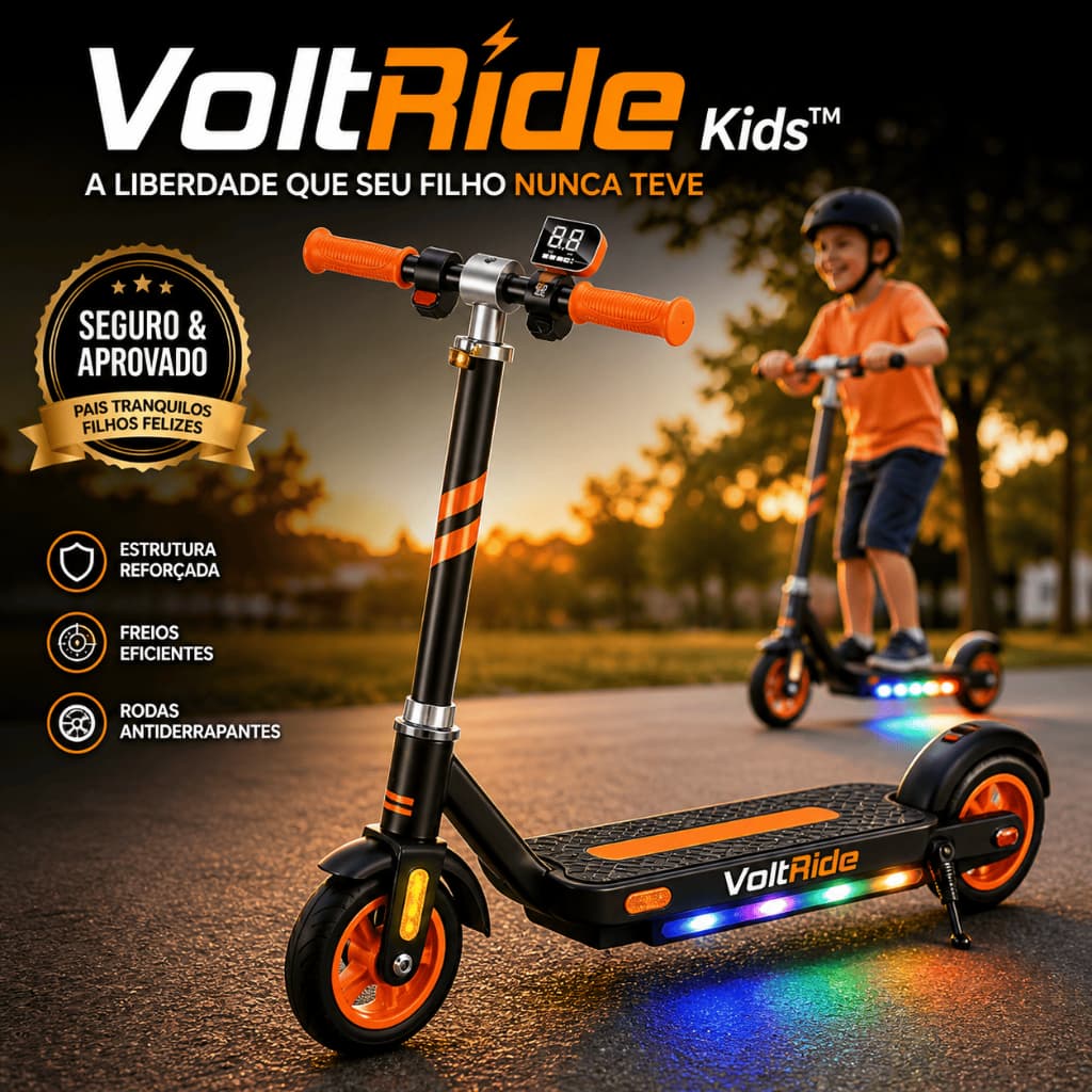 Patinete Elétrico Infantil VoltRide Kids Luz LED Dobrável Seguro Bateria Durável Freio Antiderrapante Crianças