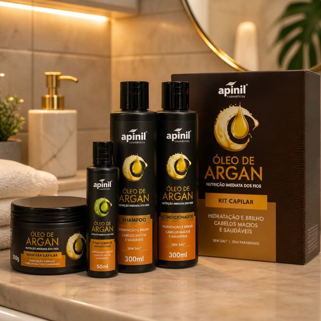 Tratamento Capilar Óleo de Argan Apinil Nutrição Completa 4 Itens - Anti-Frizz e Brilho Intenso