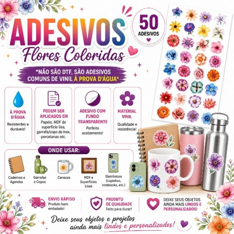 Kit 50 Adesivos Flores Várias Cores Fundo Transparente Vinil Á Prova D'água