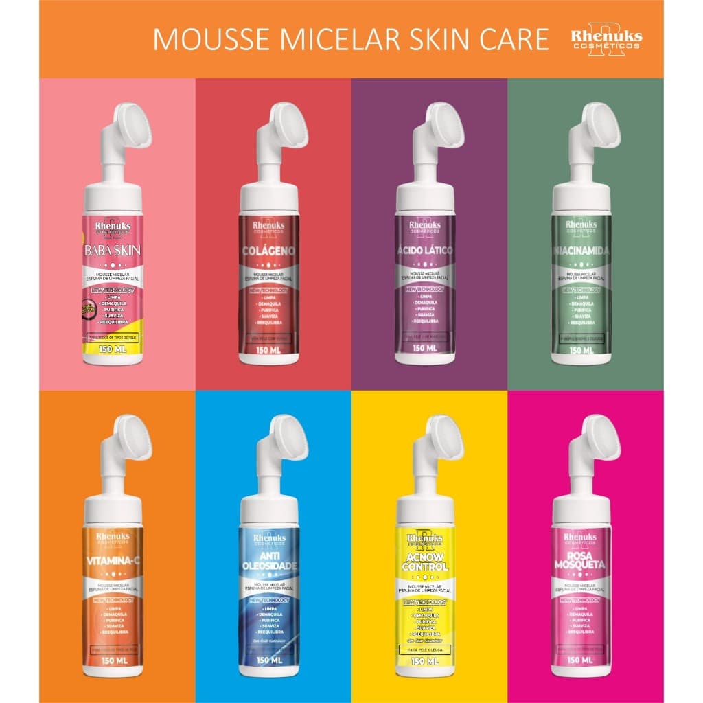 Mousse Micelar Rhenuks 150ml Espuma Limpeza Facial 5 em 1 Original Skin Care Uso Diário Escova