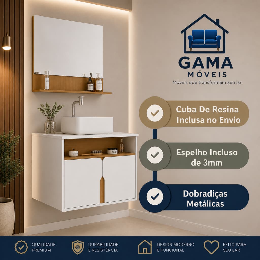 * OFERTA * PROMOÇÃO * Armário de Banheiro Gabinete com Espelho e Cuba de Resina Suspenso Para Lavabo CORES - GAMA MÓVEIS