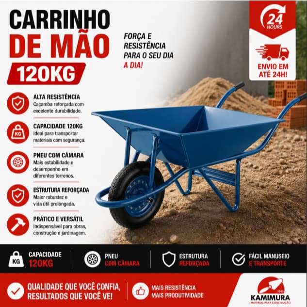 Carrinho De Mão EXTRA FORTE com Pneu Caçamba Quadrada 120Kg Azul