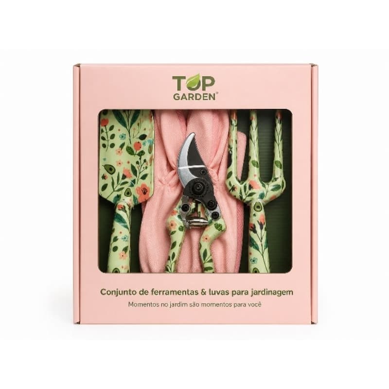 Kit Jardinagem 4 Peças Top Garden Floral Pá Garfo Tesoura Luvas Presente Criativo Completo
