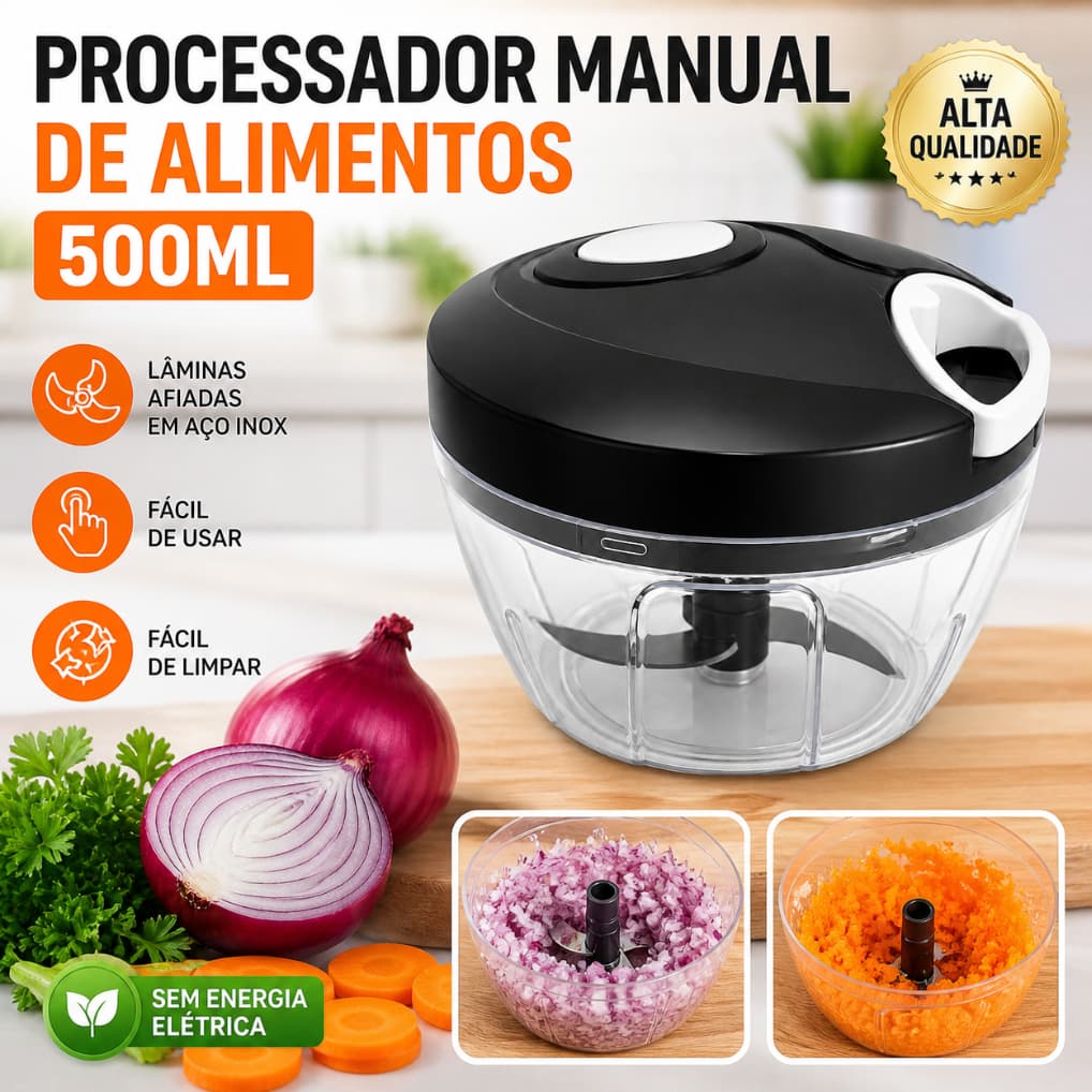 Processador Manual de Alimentos 500ml — Picador de Legumes Frutas e Temperos Sem Energia Fácil de Limpar